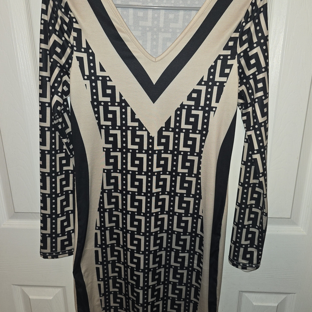 Geometric Patterned Black and Cream Dress